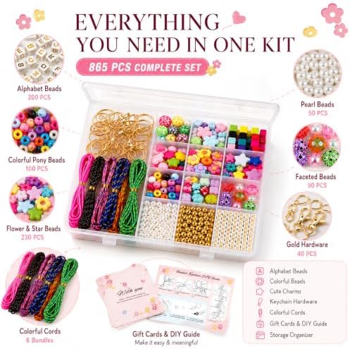 Kdpuei 865PCS Bead Keychain Making Kit, Keychain Bead Kit, DIY Bag Charm Set with Acrylic Heart Star Flower Alphabet Beads, Bead Keychain Kit, Jewerly Making Kit for Girls Women - Image 2