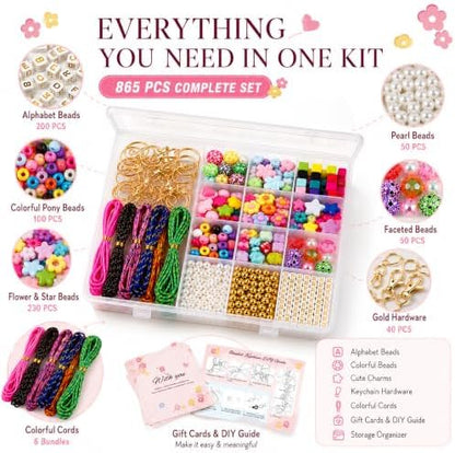 Kdpuei 865PCS Bead Keychain Making Kit, Keychain Bead Kit, DIY Bag Charm Set with Acrylic Heart Star Flower Alphabet Beads, Bead Keychain Kit, Jewerly Making Kit for Girls Women - Image 2