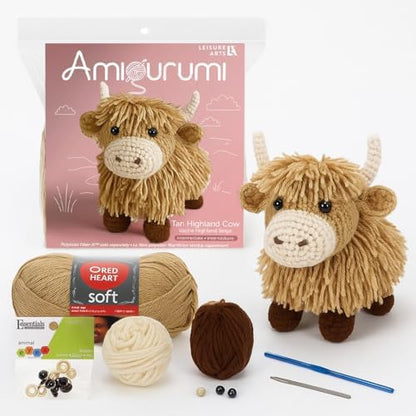 LEISURE ARTS Crochet Kit Amigurumi Highland Cow, Tan, Beginner for Adults, Animal Kit, Crotchet by LeisureArtsInc