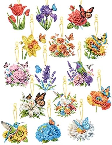 15 pcs Summer Theme Diamond Art Keychain Ornaments Double Sided 5D DIY Diamond Painting Keychain Kits for Adults Key Ring Art Pendant Decor (Flowers-2) by Unknown