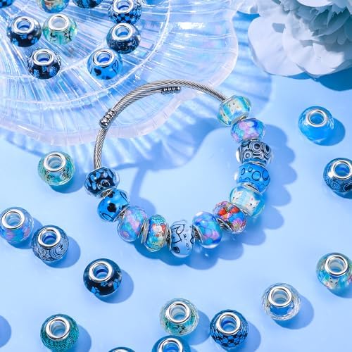 Aipridy Large Hole European Beads, Craft Supplies Kit，Assorted Mixed Color Lampwork Spacer Beads for DIY Bracelet Jewelry Making (100, Aqua) - Image 3