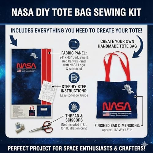 NASA Logo DIY Canvas Tote Bag Sewing Kit – Space-Themed Fabric Craft Project – Includes 24" x 43" Dark Blue & Red Fabric Panel & Instructions – Create 16" x 15" Handmade Tote Bag - Image 4