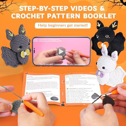 Crochet Kit for Beginners, Beginner Crochet Kit for Adults with Step-by-Step Video Tutorials, Halloween Gifts DIY Crochet Animal Kits Knitting Supplies, 3 Pack Bat (40%+ Yarn) - Image 2