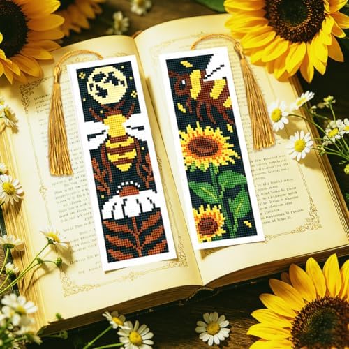 ACRNIGHEET 6PCS Cross Stitch Bookmark Kit for Beginner Stamped Cross Stitch Kits for Adults Retro Bee DIY Tassel Embroidery Bookmark Kits Needlepoint Kit with Instructions Craft Gift 8.5''x3'' 11CT - Image 6
