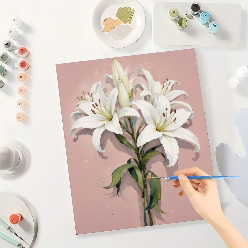 Botanical Art Paint by Numbers Kit for Adults - DIY White Lilies with Pink Backdrop Painting on Canvas 8X12IN framed, Acrylic Paint Set, Suitable for Beginners, Art for Home Decoration or Gifts - Image 3