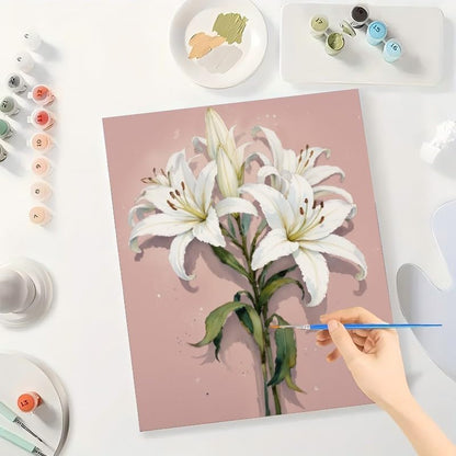 Botanical Art Paint by Numbers Kit for Adults - DIY White Lilies with Pink Backdrop Painting on Canvas 8X12IN framed, Acrylic Paint Set, Suitable for Beginners, Art for Home Decoration or Gifts - Image 3