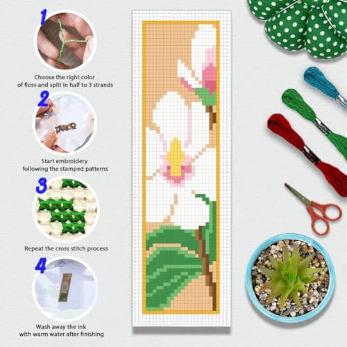 BEUNITONE 6 Pcs Flower Cross Stitch Bookmark Kits for Beginners Magnolia DIY Stamped Cross Stitch Kit Vintage Floral Embroidery Kit with Instruction for Craft Book Lover Reader Writer 8''x2.4'' - Image 4