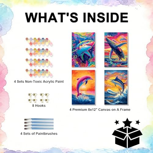 TBAIRO 4 Pack Framed Paint by Numbers Kit for Adults Beginner Animals DIY Painting Kits for Adults Ocean Easy Adult Paint by Number Kits on Canvas for Wall Art Decor 8x12 Inch - Image 3
