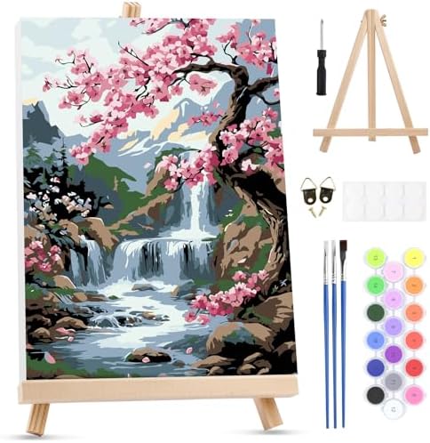 MXJSUA Flowers Tree Waterfall Framed Paint by Numbers for Adults Beginners, Easy Adults' Paint-by-Number Kits on Canvas with Easel, Acrylic Number Painting Crafts Gifts for Home Decor, 8x12 inch by MXJSUA-DiamondPaintingkits