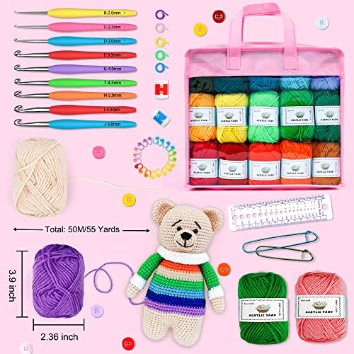 Crochet Yarn Kit for Beginners Adults and Kids, Includes 1650 Yards 30 Colors Acrylic Skeins, User Manual, Hooks, Pink Bag etc, Make Amigurumi & Crocheting Projects, Starter Set for Professionals - Image 3