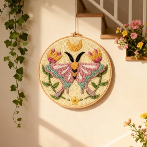 INFUNLY Pink Moths Punch Needle Kits for Beginner Adult Flowers DIY Punch Needle Embroidery Starter Kit for Wall Hanging Moon Needles Stitching Kit with Instruction for DIY Crafts Gift Home Decor - Image 6