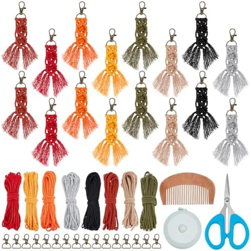 BEUNITONE 16 Sets DIY Macrame Keychains Crafts Kits for Adults, Boho Tassel Keychain Making Kits for Hanging Ornament Macrame Cord Knotting Keychain Charms Kit for Car Key Handbag and Phone Decor by BEUNITONE