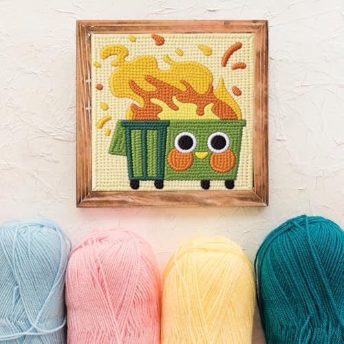 Doodlream Burning Trash Can Needle Kit for Beginner, 9.4"x 9.4" Funny Cartoon Punch Stitching Craft Set, DIY Embroidery Starter with Printed Frame, Instruction, Threader, Yarn, Pinch Needle - Image 6
