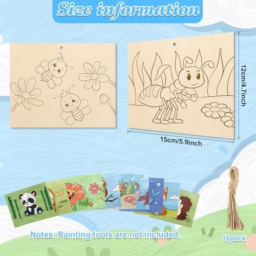 COCHIE 10 Pieces Large Cute Animals Unfinished Wood Crafts to Paint for Adults, Bulk Predrilled Wooden Ornaments for Painting, Animal Paintable Wood Slices Craft Supplies with Ropes - Image 2