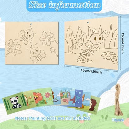 COCHIE 10 Pieces Large Cute Animals Unfinished Wood Crafts to Paint for Adults, Bulk Predrilled Wooden Ornaments for Painting, Animal Paintable Wood Slices Craft Supplies with Ropes - Image 2