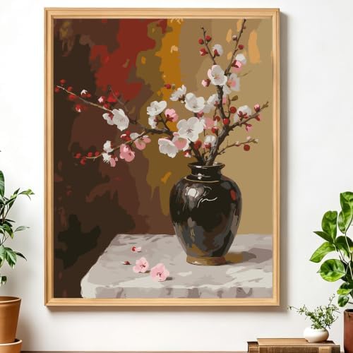 AIRDEA Flowers Paint by Numbers for Adults,Cherry Blossoms Painting by Number Kits on Canvas,Frameless,16x20in DIY Acrylic Painting for Beginner,Home Wall Decor,Vase on Table by AIRDEA