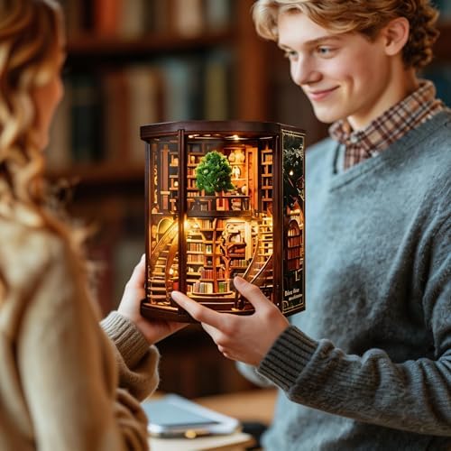 Wisdom Tree Library Book Nook Kit, DIY 3D Wooden Puzzle with Rotating Staircase, LED Light & Dust Cover, Premium Solid Wood Bookend, Vintage Decor, Creative Gift for Adults & Book Lovers - Image 5