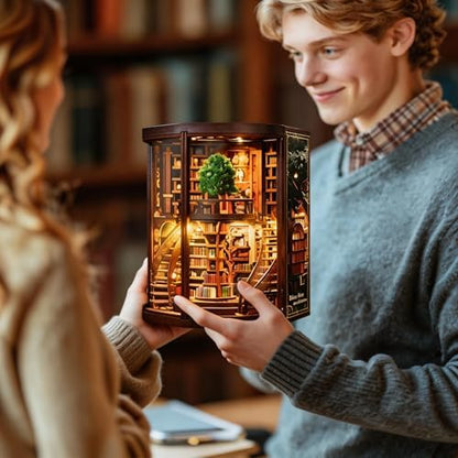 Wisdom Tree Library Book Nook Kit, DIY 3D Wooden Puzzle with Rotating Staircase, LED Light & Dust Cover, Premium Solid Wood Bookend, Vintage Decor, Creative Gift for Adults & Book Lovers - Image 5