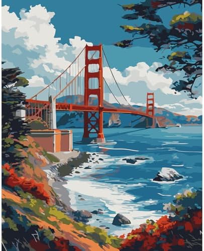 Paint by Numbers Kit for Adults Beginner 16x20 Inch, Golden Gate Bridge by Fountor
