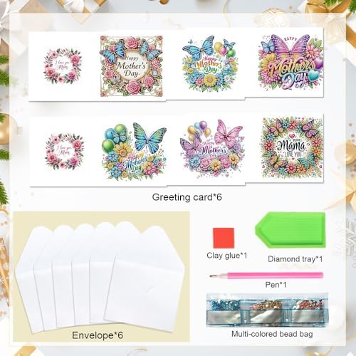 Tontut 6pcs 5D Diamond Art Painting Greeting Card Kit, Butterfly Flower Adult DIY with Envelope, Special Shape Diamond Design Greeting Card Creative Birthday Holiday Gift - Image 3
