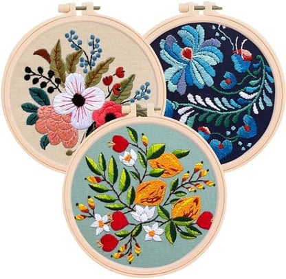 Colorful Flowers Embroidery Kit for Beginners – DIY Hand Embroidery Set with 3 Hoops, Stamped Patterns, Needles, Thread, Scissors – Floral Embroidery Kit for Adults, Teens, Women, Craft Lovers by FindYourZen