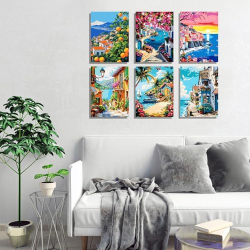 6 Pack DIY Paint by Number Kit for Adults - Mediterranean Coastal Scenery Oil Painting Set, 12x16 Inch Canvas (No Frame), 18 Vivid Acrylic Paints - Stress Relief Art Craft for Home Decor & Gifts - Image 5