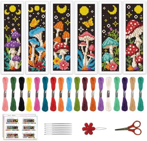 ACRNIGHEET 6PCS Cross Stitch Bookmark Kits Mushroom Pattern Stamped Cross Stitch Kits for Beginners Adults DIY Stamped Embroidery Bookmarks with Instructions Hand Embroidery Craft Gift by ACRNIGHEET
