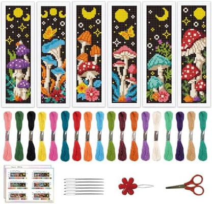 ACRNIGHEET 6PCS Cross Stitch Bookmark Kits Mushroom Pattern Stamped Cross Stitch Kits for Beginners Adults DIY Stamped Embroidery Bookmarks with Instructions Hand Embroidery Craft Gift by ACRNIGHEET