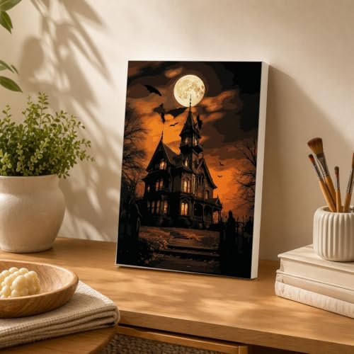 Spandrel Paint by Numbers for Adults Halloween Haunted House Canvas Oil Painting Kit, Gothic Spooky Full Moon Horror Landscape Number Painting, Dark Halloween Wall Art Decor Gift for Beginners - Image 4