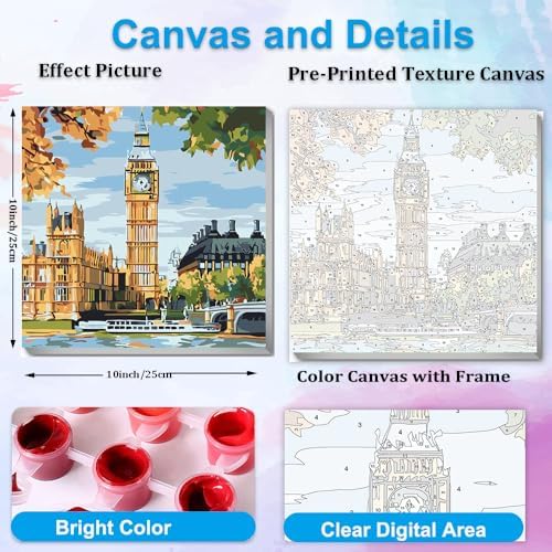 Artunion Framed Paint by Numbers Kit for Adults Beginners & Kids Ages 8-12,Big Ben Paint by Number with Frame,London City Paint by Numbers Kit on Canvas 10 * 10 Inch Without Easel - Image 3