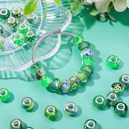 Aipridy Large Hole European Beads, Craft Supplies Kit，Assorted Mixed Color Lampwork Spacer Beads for DIY Bracelet Jewelry Making (100, Green) - Image 3