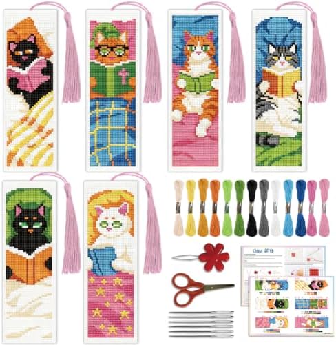 ACRNIGHEET 6PCS Cross Stitch Bookmark Kit for Beginner Stamped Cross Stitch Kits for Adults Cute Reading Cat DIY Tassel Embroidery Bookmark Kits Needlepoint Kit with Instructions Gift 8.5''x3'' 11CT by ACRNIGHEET