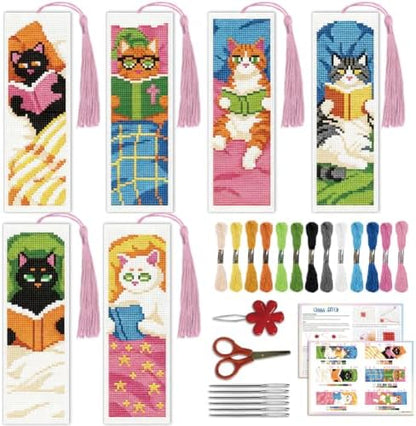 ACRNIGHEET 6PCS Cross Stitch Bookmark Kit for Beginner Stamped Cross Stitch Kits for Adults Cute Reading Cat DIY Tassel Embroidery Bookmark Kits Needlepoint Kit with Instructions Gift 8.5''x3'' 11CT by ACRNIGHEET