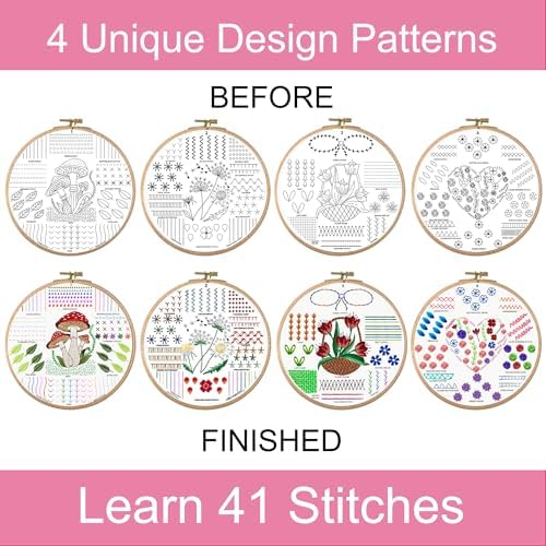 Moni Crafts Adult Beginner Embroidery Kit – 4 Pre-Printed Patterns (Flower, Mushroom, Floral, Heart) – Learn 41 Stitches, Hand Embroidery Starter Craft Set - Image 3