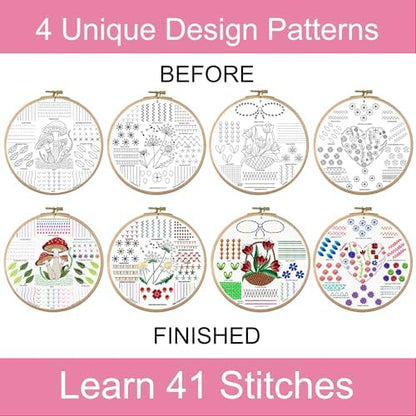 Moni Crafts Adult Beginner Embroidery Kit – 4 Pre-Printed Patterns (Flower, Mushroom, Floral, Heart) – Learn 41 Stitches, Hand Embroidery Starter Craft Set - Image 3