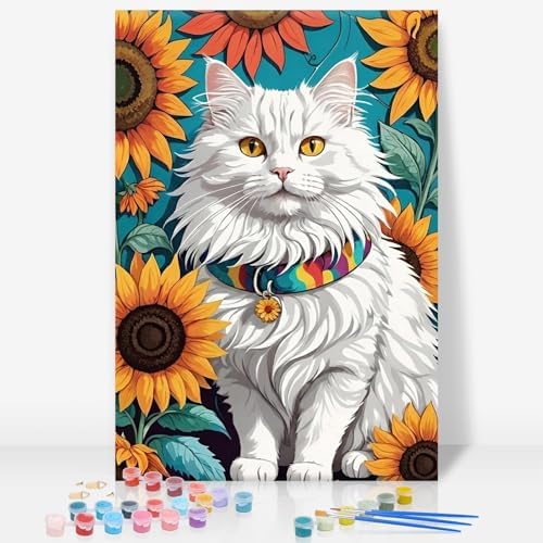 GEEHEIY Framed Paint by Numbers Kit for Adults, Cat Sunflowers, 8 x 12 Inch by GEEHEIY