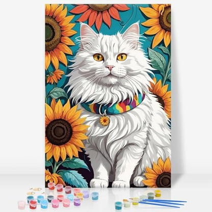 GEEHEIY Framed Paint by Numbers Kit for Adults, Cat Sunflowers, 8 x 12 Inch by GEEHEIY