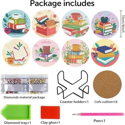 8 Pcs Book Diamond Art Coasters Kit - DIY 5D Diamond Painting Coasters with Holder, Mini Diamonds Arts Kits for Adults Coaster with Cork Pads, Gem Arts Dots Painting Crafts Supplies for Home Decor - Image 7