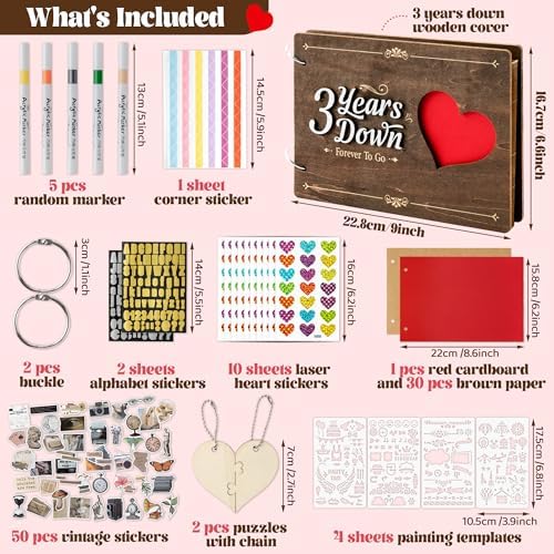 CY2SIDE 3 Years Anniversary Couple Scrapbook - 111PCS 3 Years Down Wooden Photo Album Scrapbook Craft Kit with Heart Puzzle Brown Paper Sticker and Template for DIY Dating Gift for Him Her - Image 2