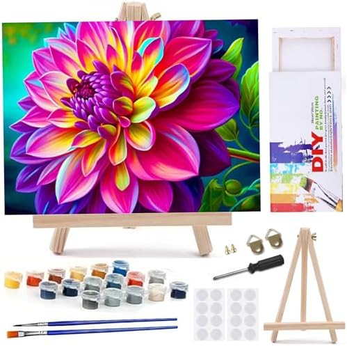 MaiMMaledy Paint by Numbers Kit for Adults Beginners, 8Wx12L inch Canvas Pictures with Framed, Drawing Painting Works with Wooden Triangle Easel, Acrylic Pigment, Lotus Flower by MaiMMaledy