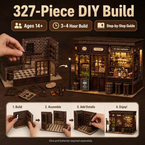 Corner Tavern Book Nook Kit for Adults, DIY 3D Wooden Puzzle with LED Light - Image 5