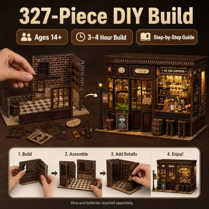 Corner Tavern Book Nook Kit for Adults, DIY 3D Wooden Puzzle with LED Light - Image 5