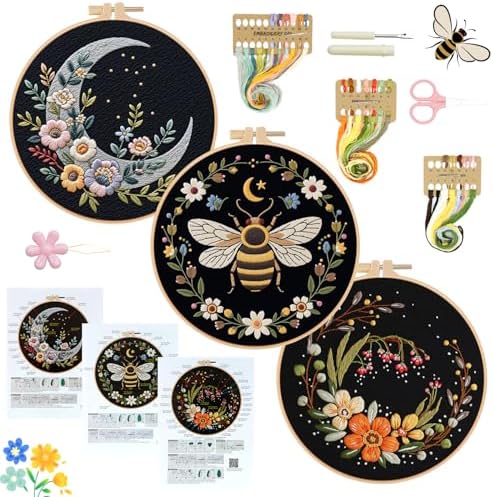 3Pack Embroidery Kits for Beginner Adult, Flower Moon Bee Pattern Hand Kit by RIHYTFU