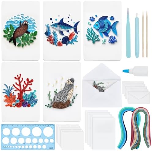 WEBEEDY 20 Sets DIY Sea Animals Theme Greeting Card Making Kit with Instruction for Adult Beginner 5 Styles Dolphins,Fish,Sea Turtles Paper Quilling Kit Summer Theme Party Decoration Gifts by WEBEEDY