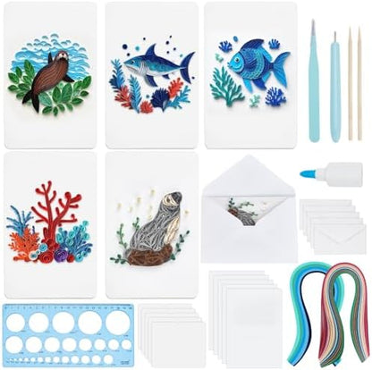 WEBEEDY 20 Sets DIY Sea Animals Theme Greeting Card Making Kit with Instruction for Adult Beginner 5 Styles Dolphins,Fish,Sea Turtles Paper Quilling Kit Summer Theme Party Decoration Gifts by WEBEEDY