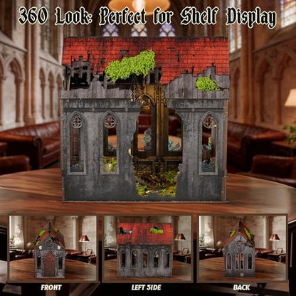 Lost Cathedral Book Nook Kit - Gothic Miniature DIY 3D Wooden Puzzle with LED Light, Bookshelf Insert Decor for Adults Teens, Cathedral Model Gift - Image 2