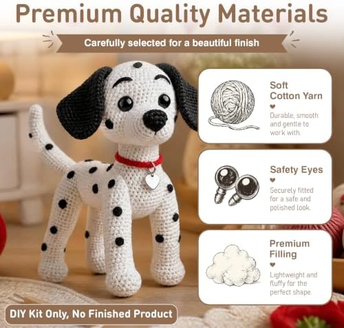 DIY Crochet Dalmatian Dog Kit for Beginners – Amigurumi Spotted Dog Stuffed Animal Knitting Kit with Yarn, Safety Eyes, Heart Tag & Instructions – Easy Beginner Crochet Craft Gift for Adults - Image 3