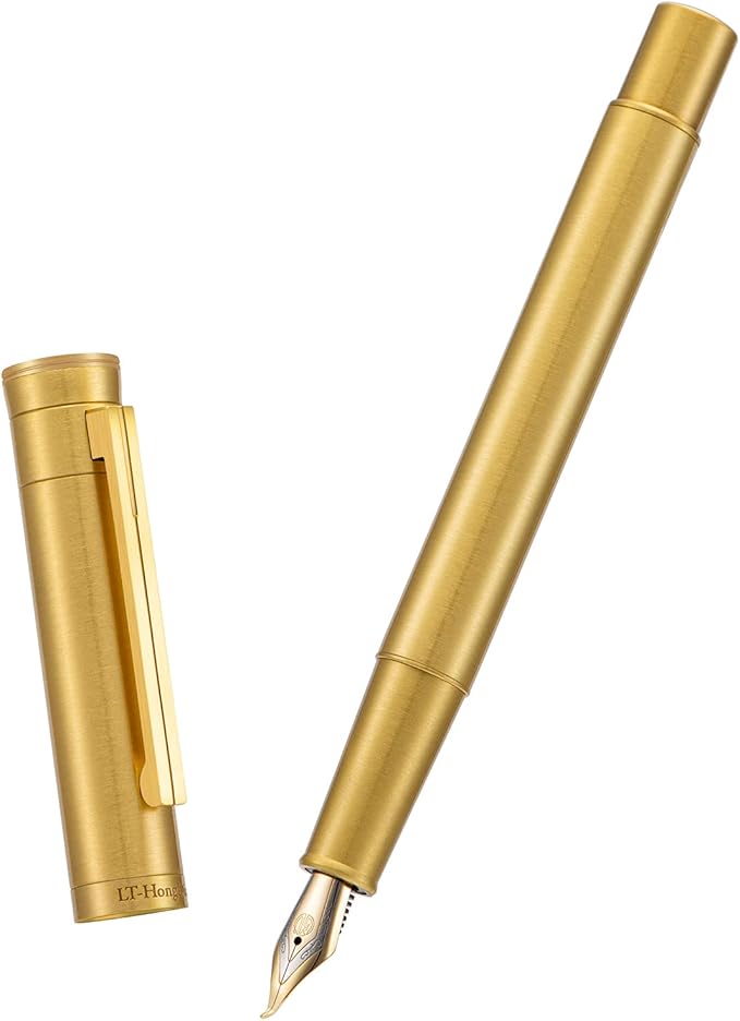 Hongdian Pure Brass Fountain Pen Bent Nib Fude Pen for Calligraphy Writing (Fine to Broad) with Refillable Converter and Metal Pen Box Set