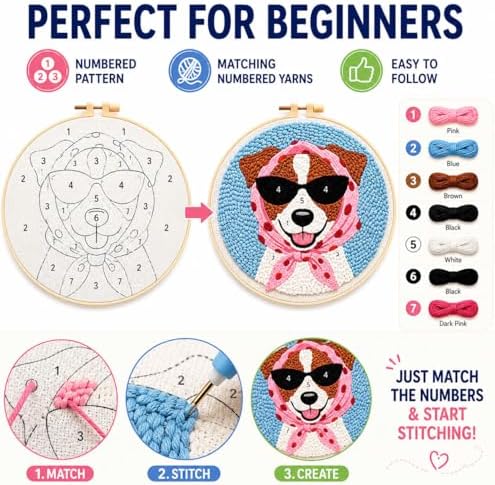 CELCRAFTIQUE Punch Needle Kits for Adults Beginner, Tool with Punch Needle Fabric, Hoops, Yarns and Sewing Needles (Sunny Pup) - Image 7