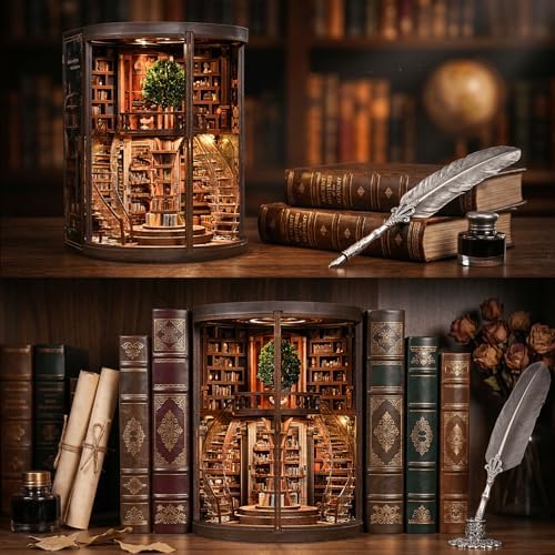 fifijoy DIY Book Nook Kit for Adults - 3D Wooden Puzzle Miniature House Kit with LED Light, Miniature Dollhouse Library Bookshelf Insert Decor, Creative Gift for Family, Friends (Wisdom Rings) - Image 3